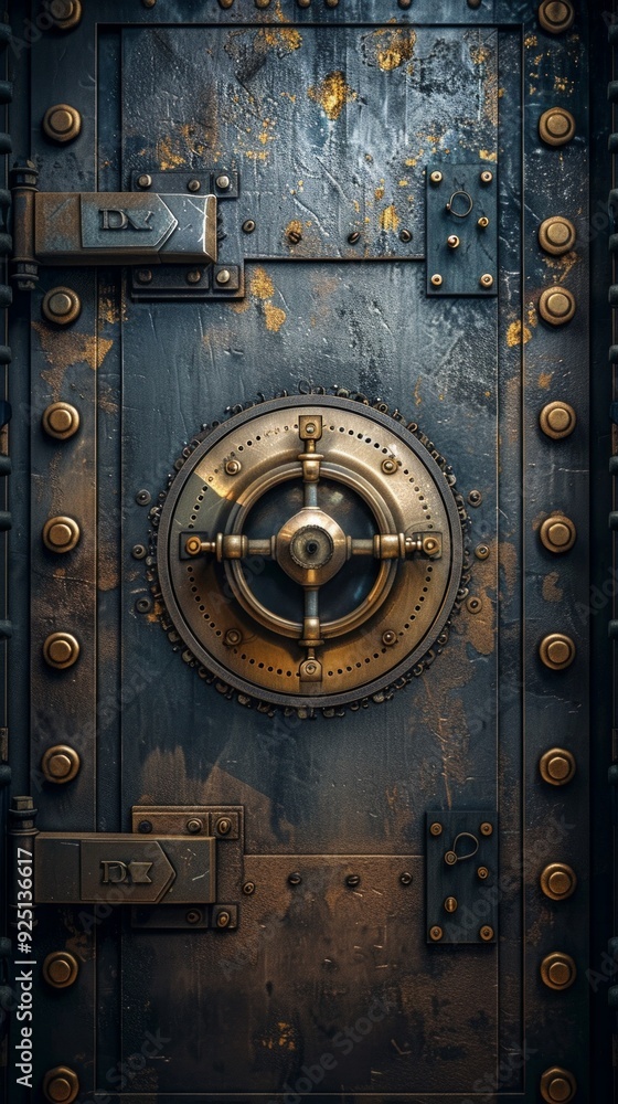 An old rusty metal door shows various security features like latches, a brass lock, and bolts, giving a strong and durable vibe akin to safes or vaults. An old rusty metal door shows various security features like latches, a brass lock, and bolts, giving a strong and durable vibe akin to safes or vaults.