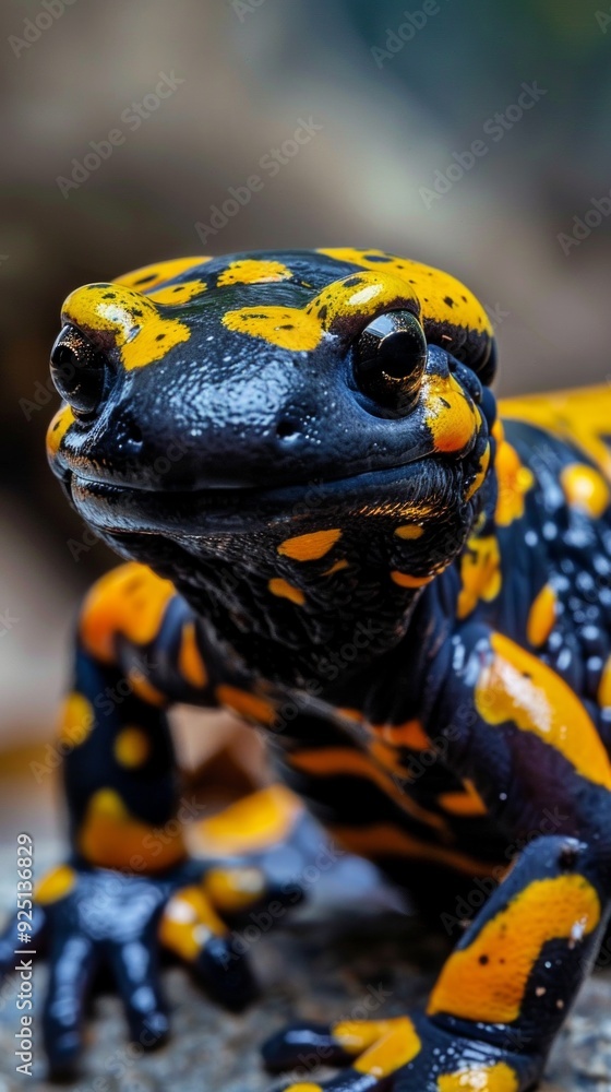 Obraz premium A colorful fire salamander on a grey rock stands out against a blurred green-and-brown background, highlighting its vivid hues and distinctive features.
