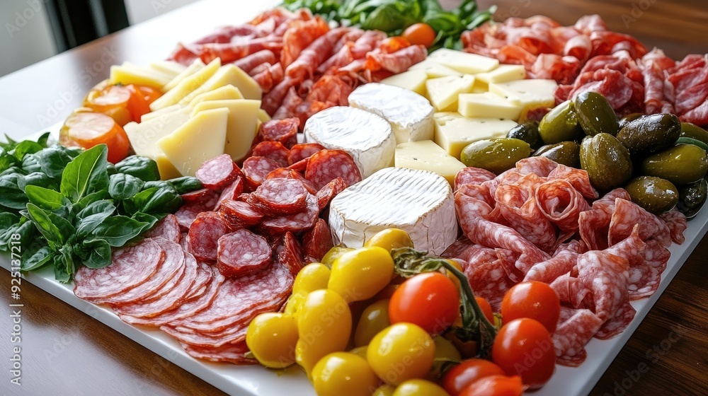 A beautifully arranged platter of Italian antipasto, with cured meats, cheeses, and vegetables. A beautifully arranged platter of Italian antipasto, with cured meats, cheeses, and vegetables.