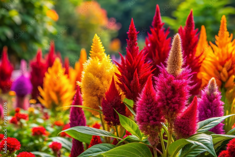 Vibrant multi-colored flowers bloom in a lush garden, featuring striking Celosia Argentea with feathery plumes, surrounded by a kaleidoscope of blossoms against a natural backdrop. Vibrant multi-colored flowers bloom in a lush garden, featuring striking Celosia Argentea with feathery plumes, surrounded by a kaleidoscope of blossoms against a natural backdrop.