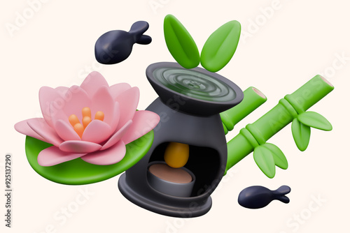 Realistic aroma lamp, lotus flower, bamboo, fish. Vector composition in cute style