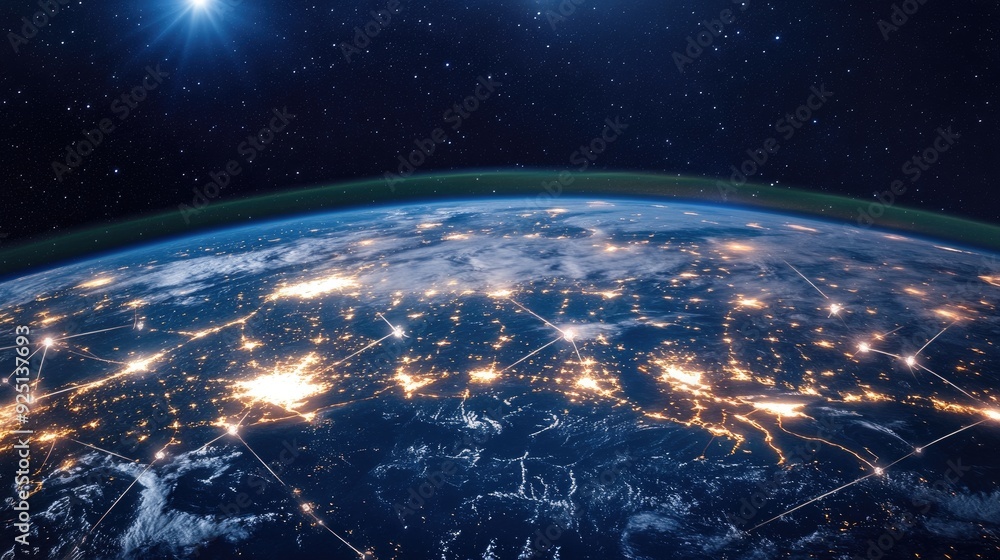 Obraz premium Abstract image of a global communication network, with interconnected points of light.