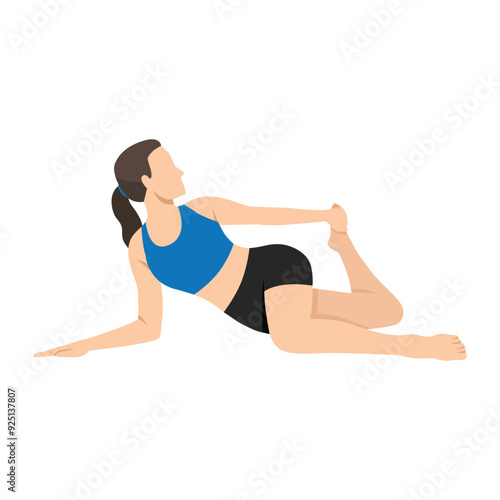 Woman doing Cat Tail Pulling Pose or Cat Tail Pulling Pose. Flat vector illustration isolated on white background
