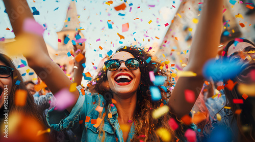 Vibrant and Joyful with Colorful Confetti Explosion and a Lively Crowd of Friends Dancing and Laughing at a Festive Party or Music Event