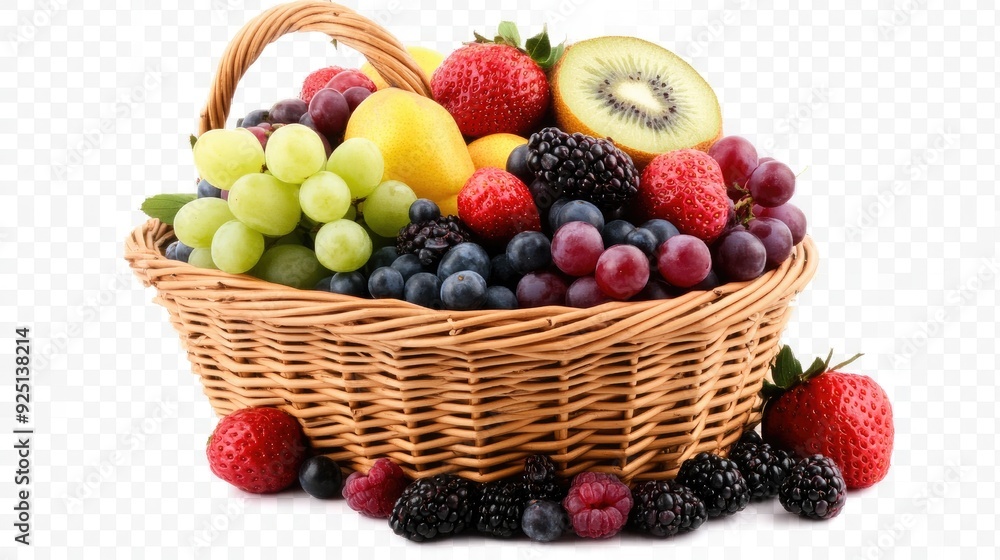 A vibrant fruit basket brimming with assorted berries, grapes, and fresh fruits, set against a clear backdrop for a delightful visual feast A vibrant fruit basket brimming with assorted berries, grapes, and fresh fruits, set against a clear backdrop for a delightful visual feast