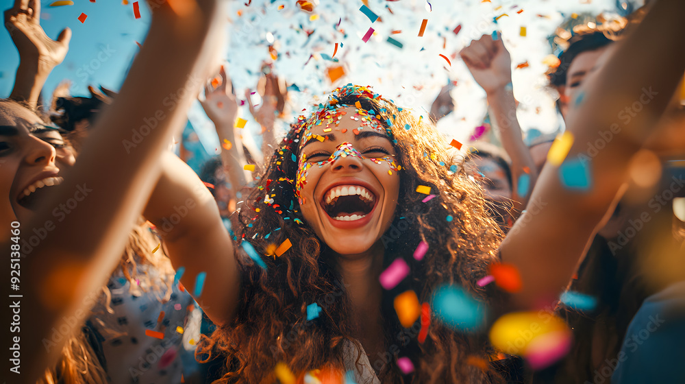 Obraz premium with a dynamic crowd of people throwing colorful confetti in the air expressing pure joy and happiness during a lively festival or party event