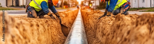 Construction workers digging a trench for pipes in a residential area, showcasing teamwork and infrastructure development.
