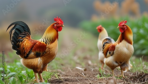 Three colorful roosters walked leisurely on the Huahai Road, full of pastoral atmosphere. photo