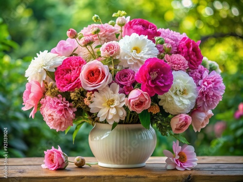 Wallpaper Mural Vibrant pink and white flowers in full bloom fill a delicate vase, showcasing an artfully arranged, lush, and colorful floral display of natural beauty. Torontodigital.ca