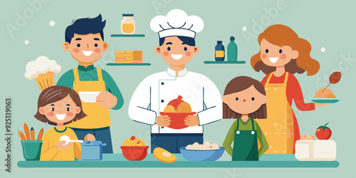 Set of characters preparing meals. A pastry chef making a cake, a family making dumplings, a housewife making soup
