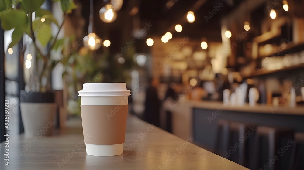 A takeaway coffee cup sits on a wooden table in a cozy, warmly lit cafe with a blurred background, creating a relaxing atmosphere. A takeaway coffee cup sits on a wooden table in a cozy, warmly lit cafe with a blurred background, creating a relaxing atmosphere.