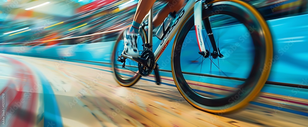 A cyclist races around a track, the motion blurred as he speeds past. A cyclist races around a track, the motion blurred as he speeds past.