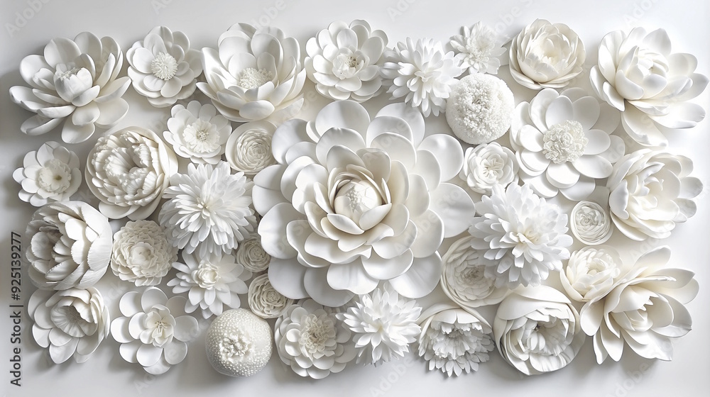 Stucco relief of peony blooms, Abstract background in the form of white peony buds, close-up, wall stucco, banner. Stucco relief of peony blooms, Abstract background in the form of white peony buds, close-up, wall stucco, banner.