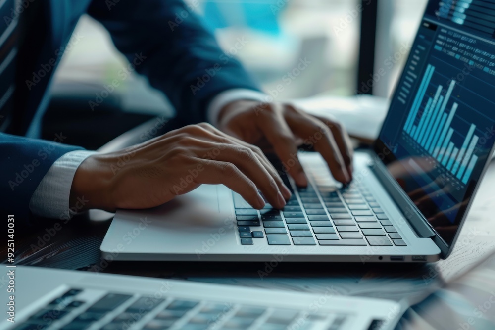 Businessman is analyzing financial data on a laptop computer, developing a business strategy for investment Businessman is analyzing financial data on a laptop computer, developing a business strategy for investment