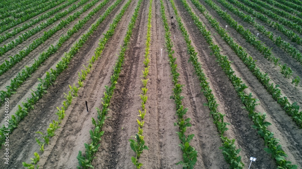 Aerial drone shot of crop rows with different growth stages, monitored by AI. Aerial drone shot of crop rows with different growth stages, monitored by AI.