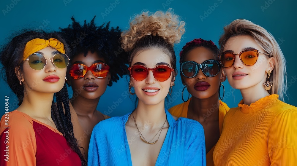 A group of fashionable women wearing vibrant sunglasses and trendy outfits, posing together against a blue background, celebrating diversity and style. A group of fashionable women wearing vibrant sunglasses and trendy outfits, posing together against a blue background, celebrating diversity and style.