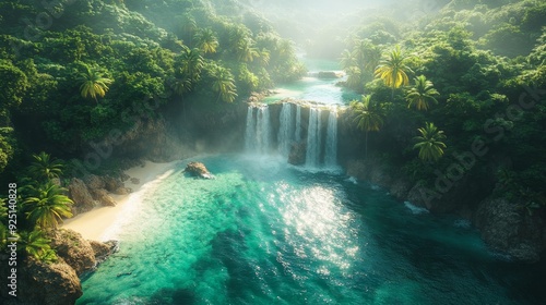 Fototapeta Naklejka Na Ścianę i Meble -  Tropical paradise with waterfalls and lush greenery - generative ai