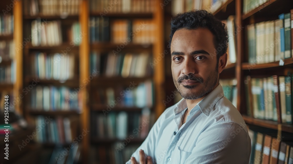A man with a confident expression stands in a library with crossed arms, surrounded by books, signifying knowledge and intellectualism. A man with a confident expression stands in a library with crossed arms, surrounded by books, signifying knowledge and intellectualism.