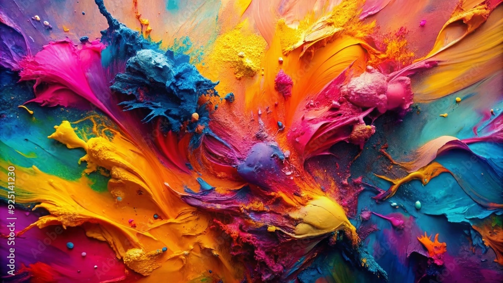 Vibrant splashes of paint in pink, blue, yellow, and orange hues create a mesmerizing abstract art piece with dynamic textures and expressive brushstrokes. Vibrant splashes of paint in pink, blue, yellow, and orange hues create a mesmerizing abstract art piece with dynamic textures and expressive brushstrokes.