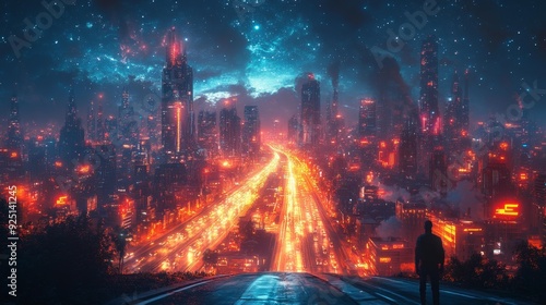 Futuristic cityscape with glowing highways - generative ai