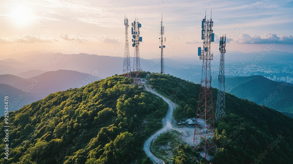 Aerial view of communication towers on a mountain, transmitting signals over a wide area. Aerial view of communication towers on a mountain, transmitting signals over a wide area.