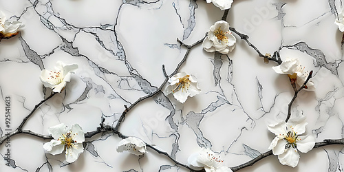 Seamless Elegant 3D Floral Wallpaper Design in White, Gold Flower, and Black Leaves with Sculpted Aesthetic on a White Background. Seamless Tile Flower Wall Sticker