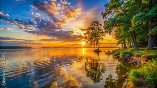 Fototapeta Naklejka Na Ścianę i Meble -  Vibrant sunset casting warm glow on calm waters of Lake Eufaula, surrounded by lush green trees and tranquil shore, serene Alabama landscape.