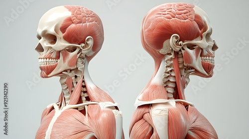 Detailed anatomical illustration of two human models displaying muscles and skull structure, highlighting the musculoskeletal system in a side view.