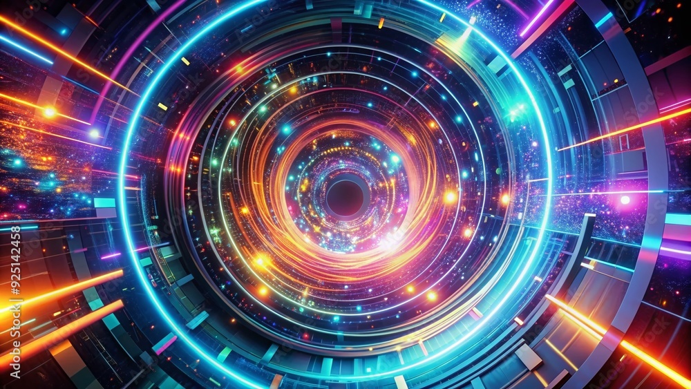 Vibrant swirling shapes and neon lights explode in a futuristic digital vortex, transporting viewers to a mesmerizing realm of abstract technological wonder and infinite possibilities. Vibrant swirling shapes and neon lights explode in a futuristic digital vortex, transporting viewers to a mesmerizing realm of abstract technological wonder and infinite possibilities.