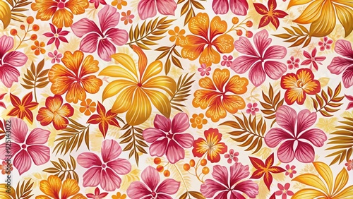 Vibrant traditional HawaiianQuit pattern features repeating floral motifs in shades of pink, orange, and yellow on a crisp white background, evoking tropical island charm. photo