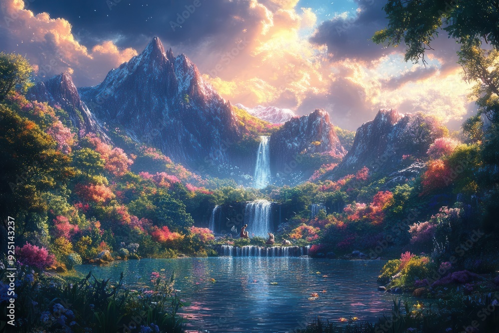 ethereal garden of eden scene with adam and eve lush paradise landscape magical light and diverse wildlife