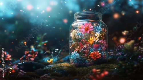 Magical flower garden inside a glass jar, designed in a fantasy style with radiant flowers and delicate, shimmering details