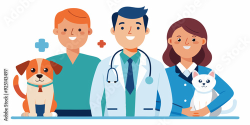 Veterinarians with pets. Man and woman, workers of the vet clinic with a cat and a dog on a white background
