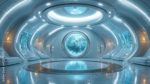 Fototapeta Naklejka Na Ścianę i Meble -  Futuristic space station interior with large circular window - generative ai