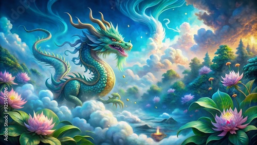 Vibrant watercolor illustration of a majestic holy dragon emerging from swirling clouds and mist, surrounded by lush greenery and lotus flowers in shades of blue.