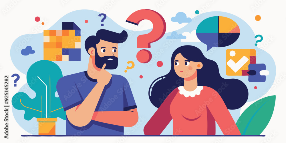 Puzzled man and woman thinking. Solution to the problem. Finding an answer to a question or dream
Puzzled man and woman thinking. Solution to the problem. Finding an answer to a question or dream