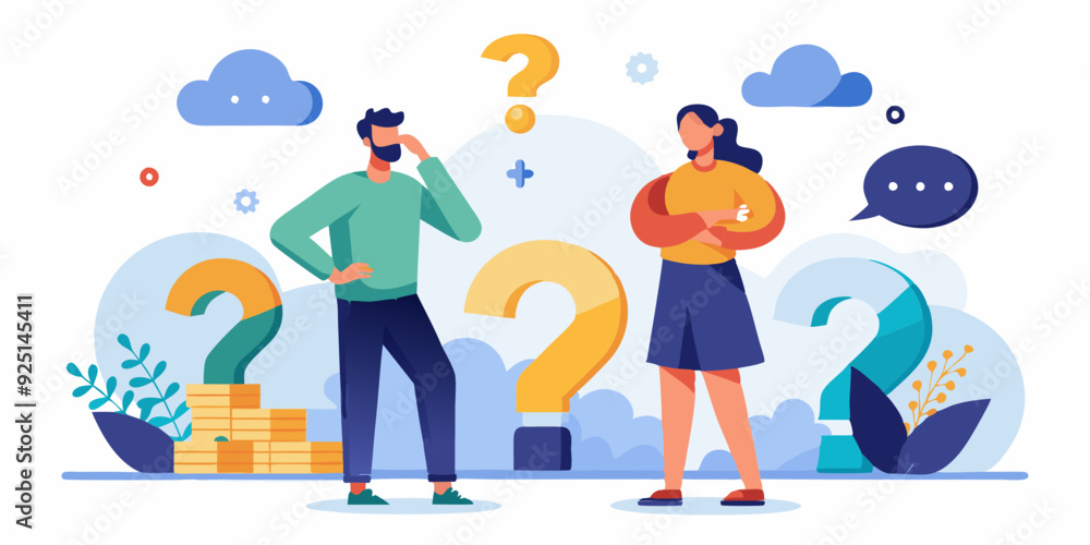 Puzzled man and woman thinking. Solution to the problem. Finding an answer to a question or dream
Puzzled man and woman thinking. Solution to the problem. Finding an answer to a question or dream