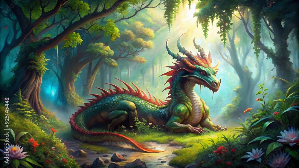 Vibrant watercolor illustration of a mythical dragon lying defeated in a whimsical forest, surrounded by lush greenery and misty atmosphere, with subtle hints of magic. Vibrant watercolor illustration of a mythical dragon lying defeated in a whimsical forest, surrounded by lush greenery and misty atmosphere, with subtle hints of magic.