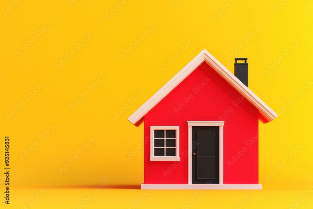 Miniature Red House with Black Door on Bright Yellow Background Miniature Red House with Black Door on Bright Yellow Background