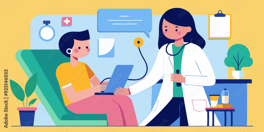 Doctor visit. Check up. Woman doctor and patient. Vector illustration
Doctor visit. Check up. Woman doctor and patient. Vector illustration