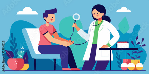 Doctor visit. Check up. Woman doctor and patient. Vector illustration
