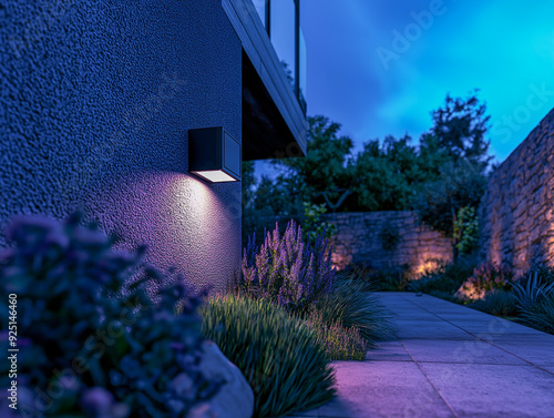 Serene Evening Walk: Modern Wall Light Illuminates Tranquil Pathway photo