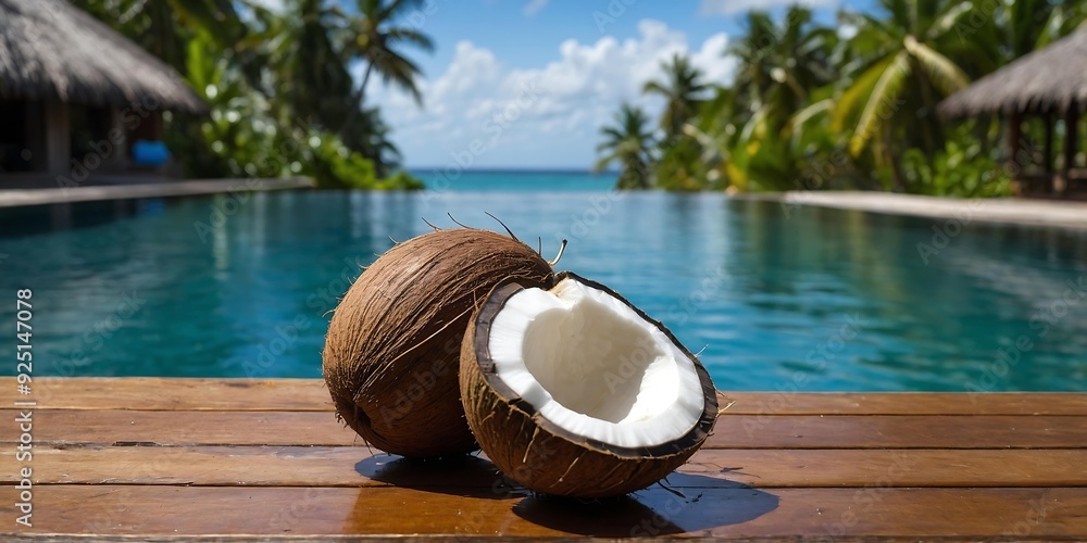 Close-Up of Coconuts on Rustic Wooden Surface Near Swimming Pool Close-Up of Coconuts on Rustic Wooden Surface Near Swimming Pool
