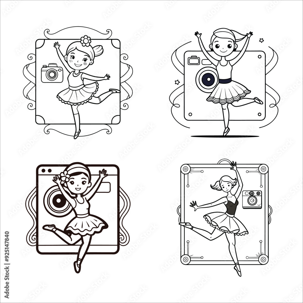Fototapeta premium Clipart Coloring Page: Charming Ballet Dancer in Retro Camera Frame, Mid-Leap with Flowing Tutu and Ribbons, Easy and Fun Design for All Ages