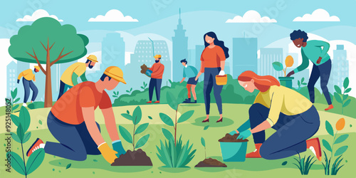People are planting tree seedlings in the city park. Volunteers or city dwellers, men and women
