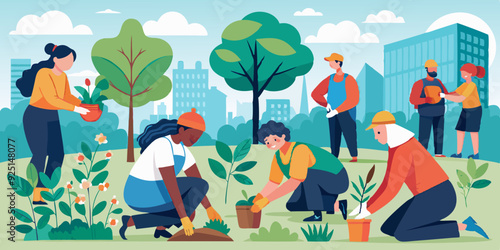 People are planting tree seedlings in the city park. Volunteers or city dwellers, men and women
