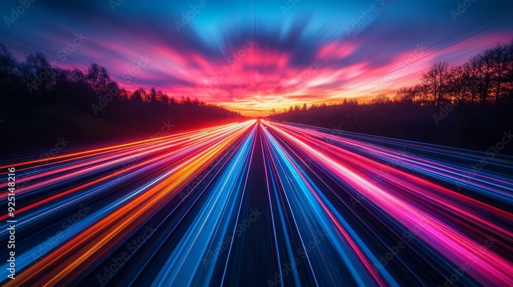 Speeding light trails on a highway at dusk - generative ai Speeding light trails on a highway at dusk - generative ai