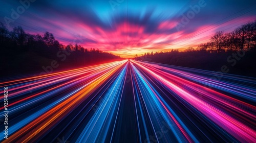 Speeding light trails on a highway at dusk - generative ai