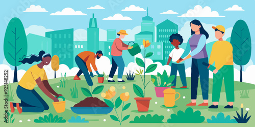 People are planting tree seedlings in the city park. Volunteers or city dwellers, men and women
