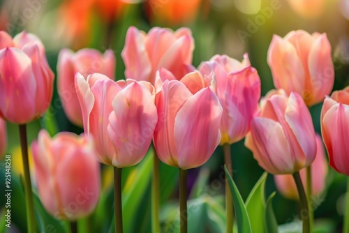 Beautiful pink tulips are growing in a garden illuminated by the spring sunlight